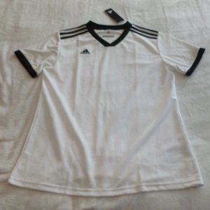 adidas white sports shirt with black stripes v neck sports tee Large